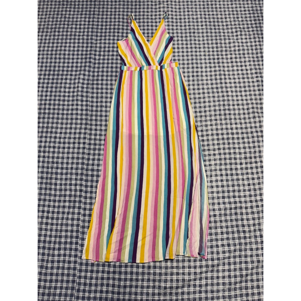 Lulus Rainbow Striped Maxi Dress V-Neck Spaghetti Strap Multicolor Summer Small